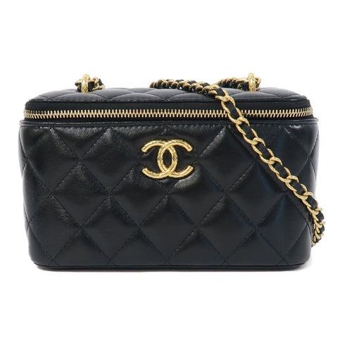 CHANEL Quilted CC GHW Chain Shoulder Vanity Case Bag Lambskin Leather Black v1