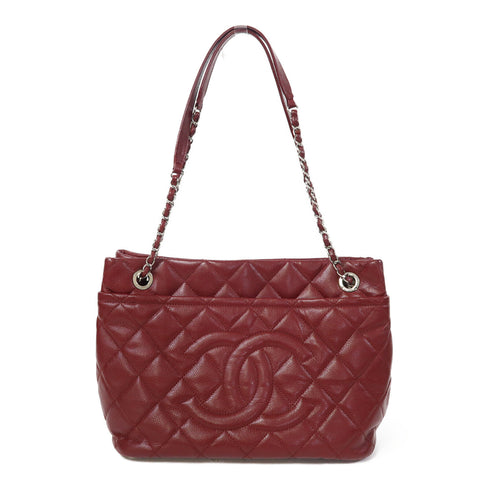 CHANEL Quilted CC SHW Hand Bag Calfskin Leather Red