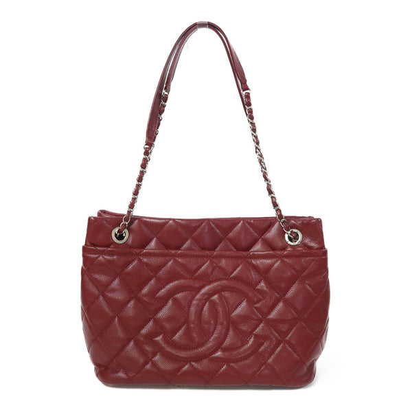 CHANEL Quilted CC SHW Hand Bag Calfskin Leather Red
