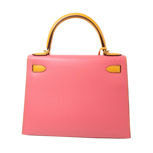 HERMES GHW Kelly 28 2 Way Shoulder Bag Handbag Epsom Leather Pink/Yellow