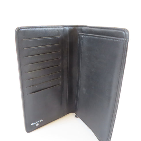 CHANEL Quilted Herringbone CC SHW Long Bifold Wallet Lambskin Leather Black