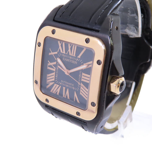CARTIER Santos 100 Carbon Automatic Watch 18K Rose Gold SS W2020009 Black