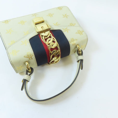 GUCCI GG GHW Sylvie Mini Bag 2Way Shoulder Handbag 470270 Calfskin Leather White