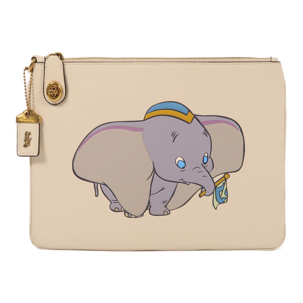 COACH GHW Clutch Bag Pouch Calfskin Leather White/Brown