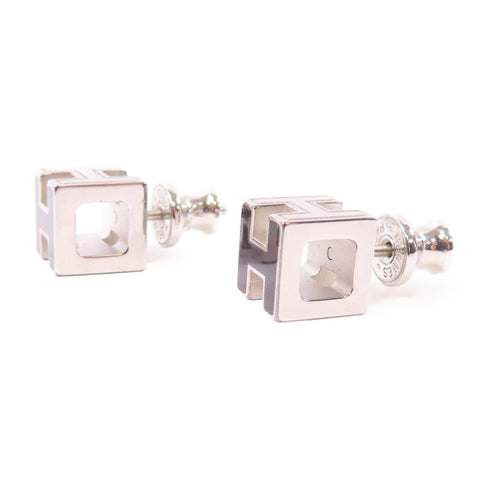 HERMES PHW Cage H Earrings Metal Silver/Black