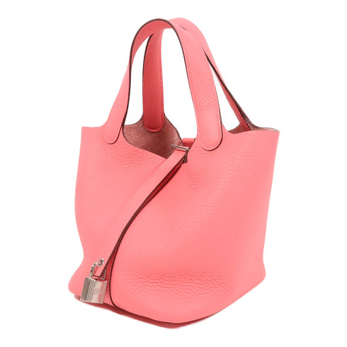 HERMES PHW Picotin PM Hand Bag/Bucket Tote Bag Clemence Leather Rose Azalee