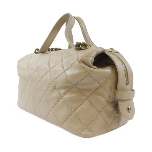 CHANEL Quilted CC GHW 2 Way Shoulder Handbag Calfskin Leather Beige