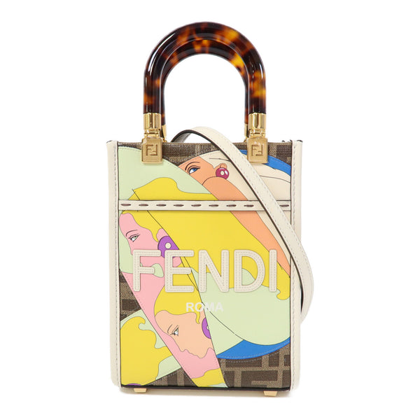 FENDI GHW Mini Sunshine 2way Shoulder Bag 8BS051 Calfskin Leather Coated Canvas