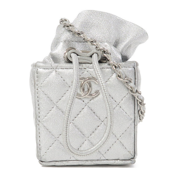 CHANEL CC SHW Micro Drawstring Bucket Bag Shoulder Bag Lambskin Leather Sliver