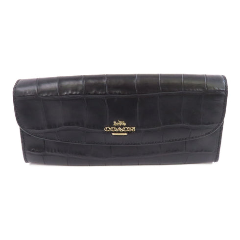 COACH GHW Long Wallet Calfskin Leather Black