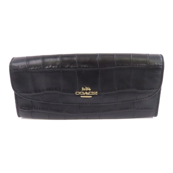 COACH GHW Long Wallet Calfskin Leather Black