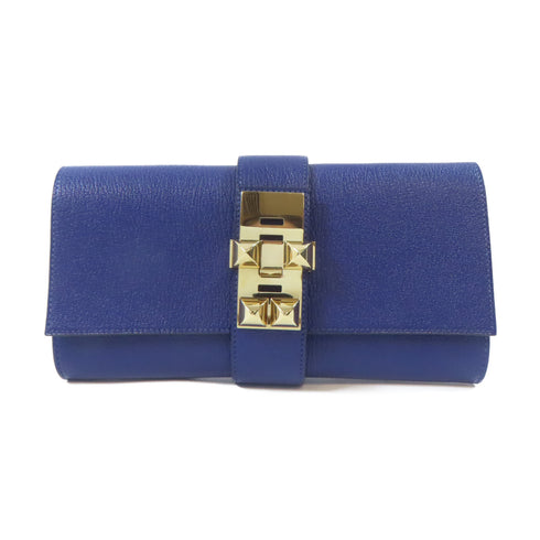 HERMES GHW Medor Clutch Bag Chevre Leather Blue