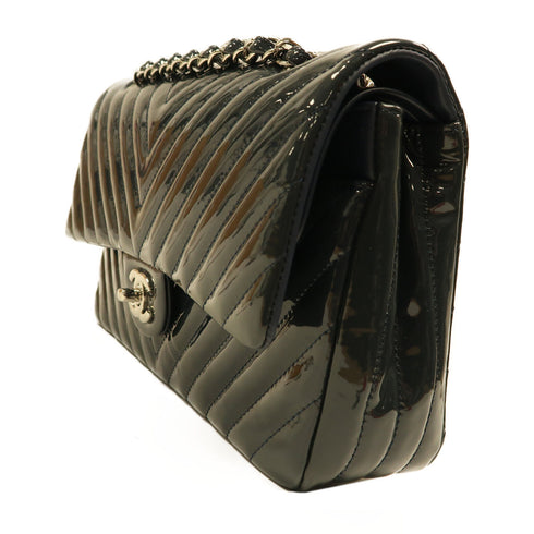 CHANEL CC SHW Classic 25 Chain Shoulder Bag Patent Leather Grey Blue