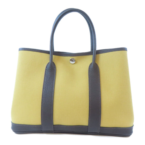 HERMES PHW Garden Party TPM Tote Bag Handbag Canvas Paille Ebene Yellow Brown