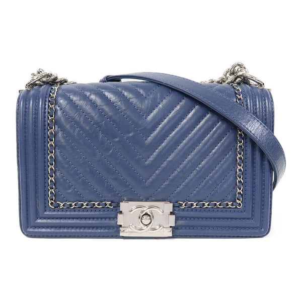 CHANEL Herringbone CC SHW Boy 25 Chain Shoulder Bag Calfskin Leather Blue