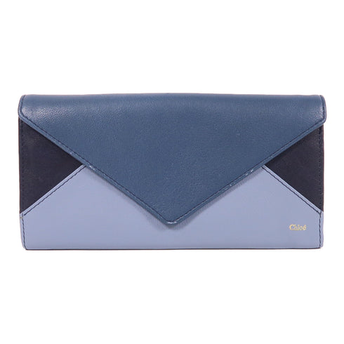 Chloe GHW Long Wallet Lambskin Leather Navy/Light Blue
