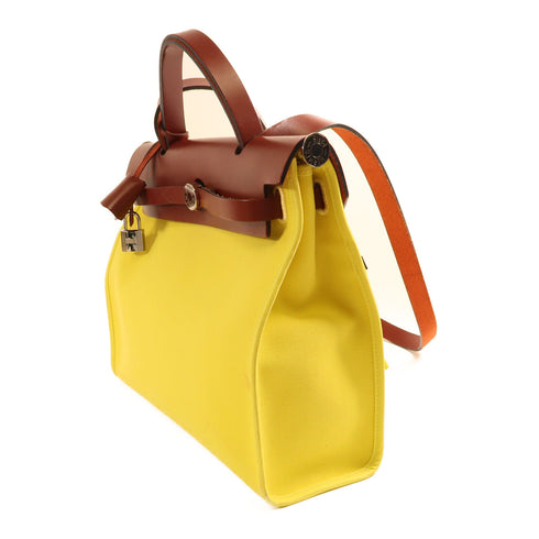 HERMES PHW Herbag PM 2Way Shoulder Handbag Canvas Leather Yellow/Red