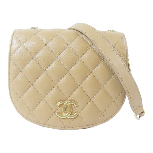 CHANEL Quilted CC GHW Saddle Flap Shoulder Bag Calfskin Leather Brown