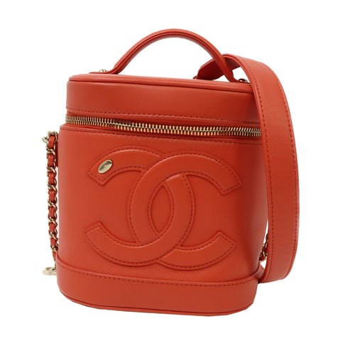 CHANEL CC GHW Vanity Case 2 Way Chain Shoulder Bag Handbag Lambskin Leather Red
