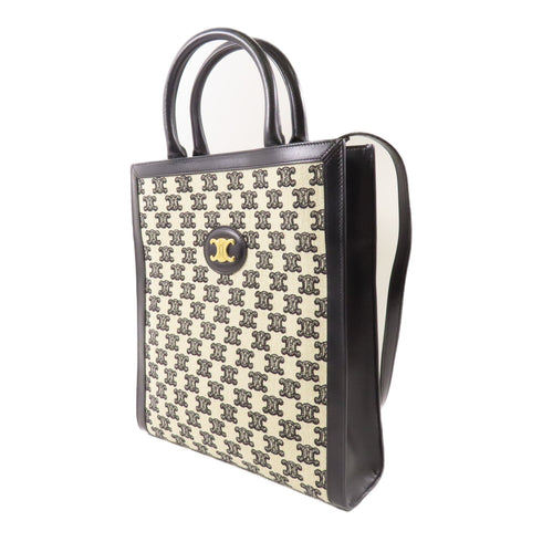 CELINE GHW 2 Way Shoulder Bag Canvas Leather Beige Black