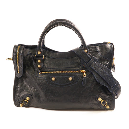 BALENCIAGA GHW City Bag 2 Way Shoulder Bag Calfskin Leather Navy