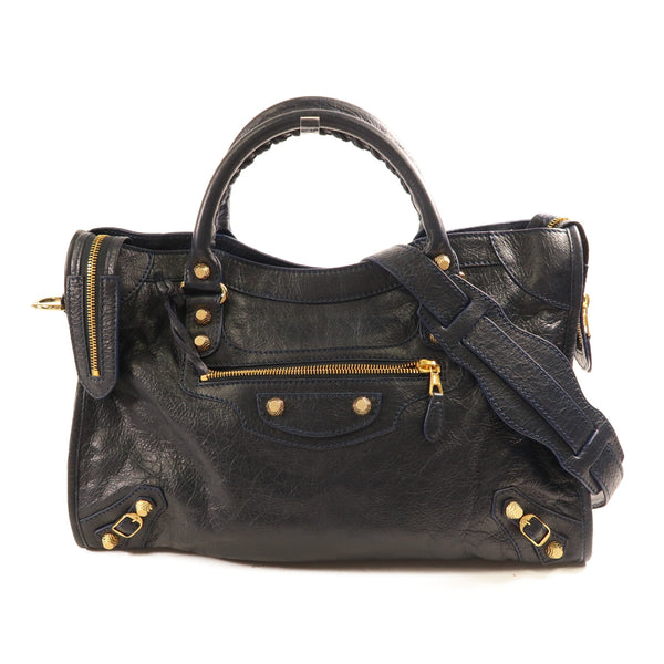 BALENCIAGA GHW City Bag 2 Way Shoulder Bag Calfskin Leather Navy