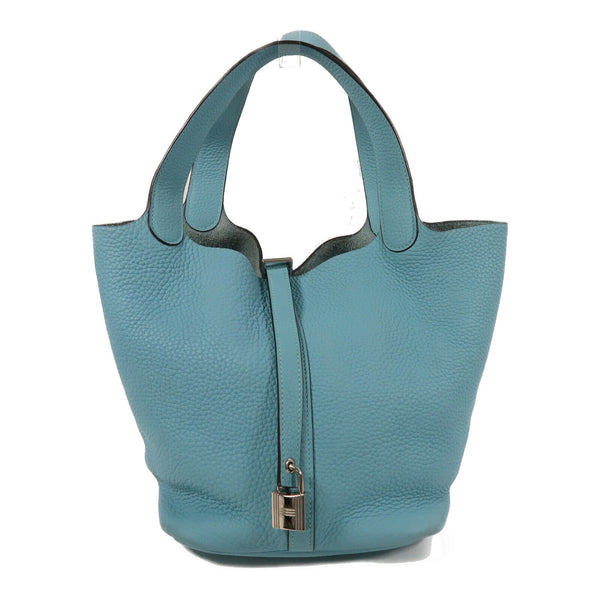 HERMES PHW Picotin MM Tote Bag Handbag Taurillon Clemence Leather Bleu Atoll