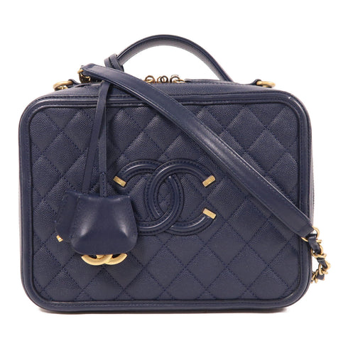 CHANEL CC GHW Vanity Bag 2 Way Shoulder Bag Calfskin Leather Navy