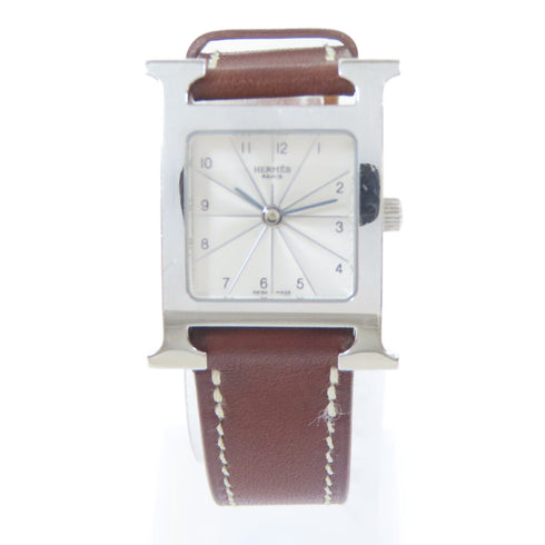HERMES H watch Quartz Movement Wristwatch Stainless Steel Leather White Brown