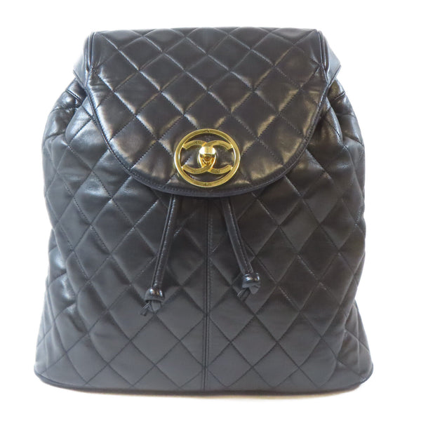 CHANEL Quilted CC GHW Backpack Rucksack Lambskin Leather Black