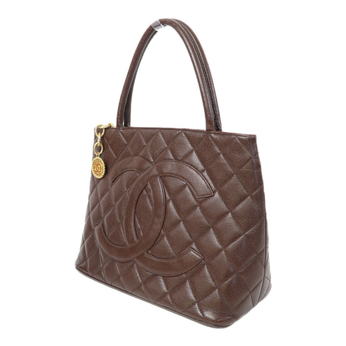 CHANEL Quilted CC GHW Vintage Hand Bag Calfskin Leather Brown