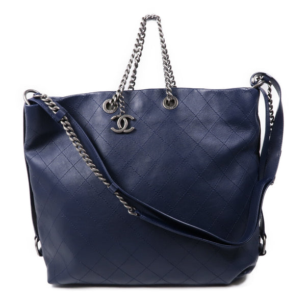 CHANEL CC SHW 2 Way Shoulder Tote Bag A98698 Calfskin Leather Navy