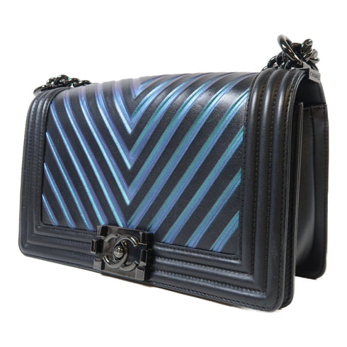 CHANEL Herringbone CC Boy Chanel Chain Shoulder Bag Calfskin Green Purple Black