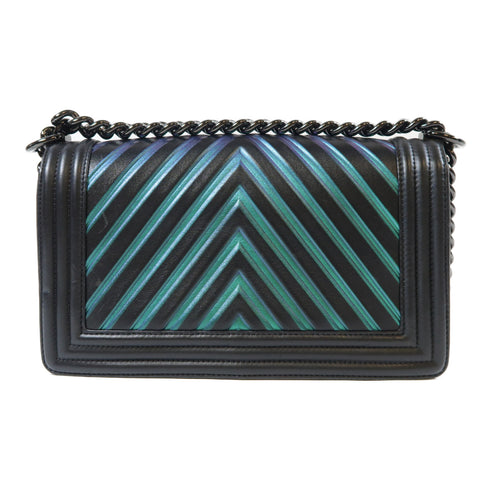 CHANEL Herringbone CC Boy Chanel Chain Shoulder Bag Calfskin Green Purple Black