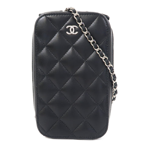 CHANEL Quilted CC SHW Chain Shoulder Phone Bag Lambskin Leather Black