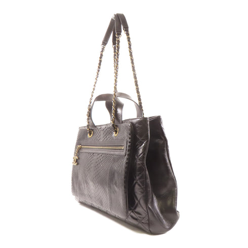 CHANEL Black Diamond-grained cowhide leather/snakeskin leather Shoulder Tote...