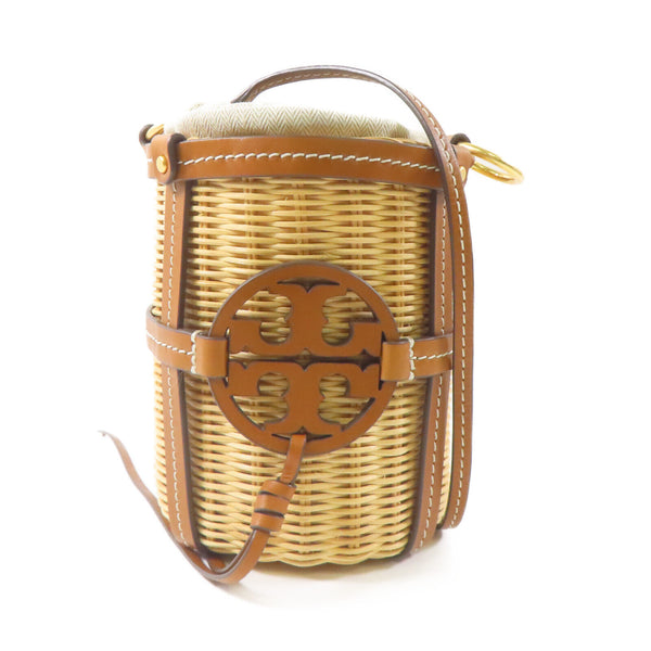 TORY BURCH GHW Miller Wicker Bucket Shoulder Bag Rattan/Leather Brown