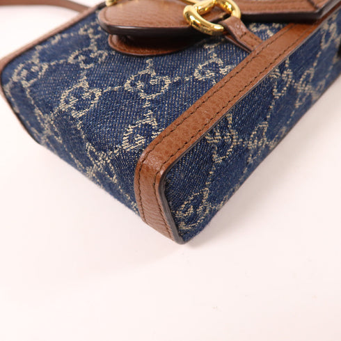 GUCCI GG GHW Superme Horsebit 1955 Shoulder Bag 625615 Denim Leather Blue Brown