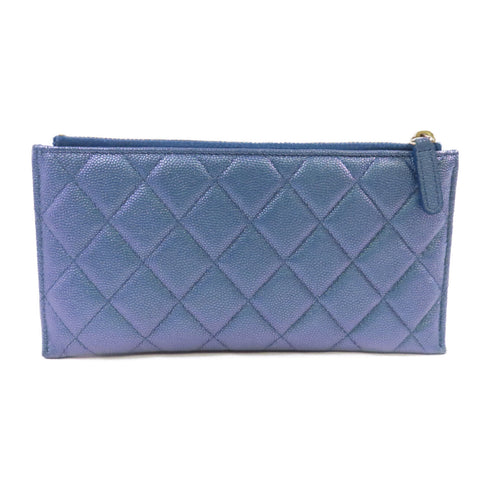 CHANEL Quilted CC GHW Pouch Long Wallet Calfskin Leather Blue
