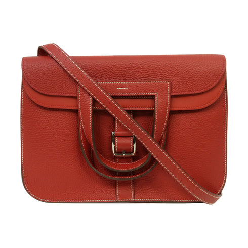 HERMES PHW Halzan 31 2 Way Shoulder Bag Handbag Clemence Leather Red