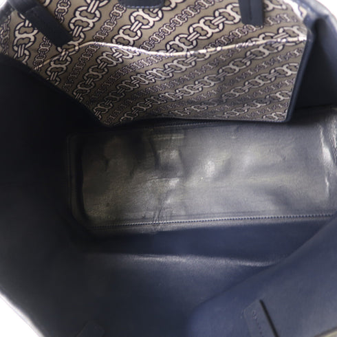 Tory Burch GHW Shoulder Tote Bag Coated Canvas Leather Gray Blue