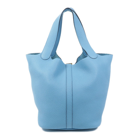 HERMES GHW Picotin MM Handbag Taurillon Clemence Leather Bleu Du Nord