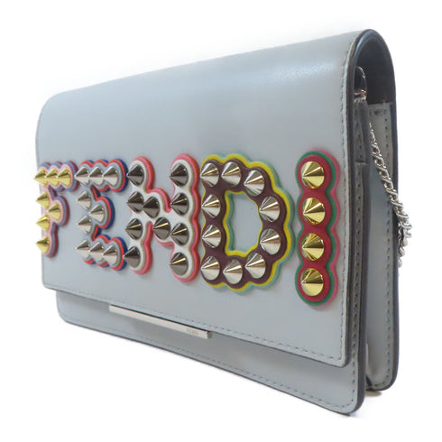 FENDI "Fun Fair" Studded Logo Chain Shoulder Bag 8M0346 Calfskin Light Blue