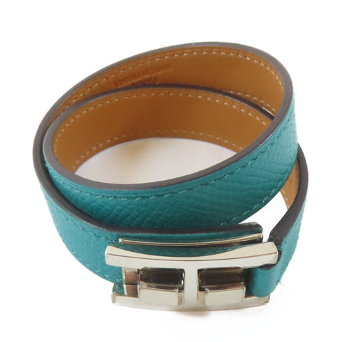 HERMES Drag Double Bracelet Bangle 07212CK Epsom Leather Bleu Paon/Green