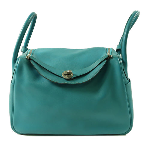 HERMES PHW Lindy 30 2 Way Shoulder Handbag Swift Leather Bleu Paon Green