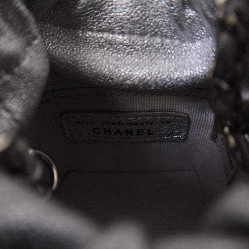 CHANEL CC SHW Micro Drawstring Bucket Bag Shoulder Bag Lambskin Leather Sliver