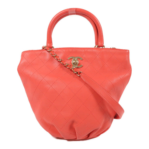 CHANEL CC GHW 2 Way Shoulder Bag Lambskin Leather Red