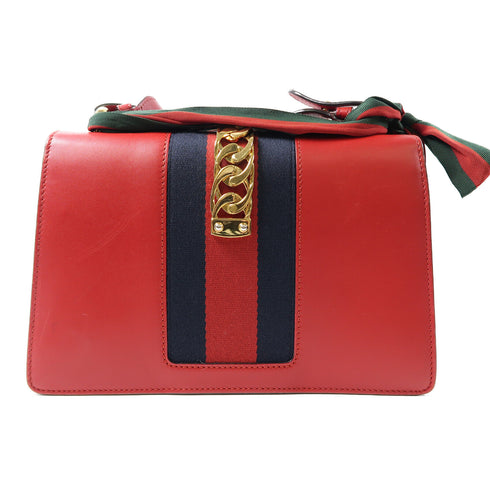 GUCCI GG GHW Sylvie Shoulder Bag 421882 Leather Red