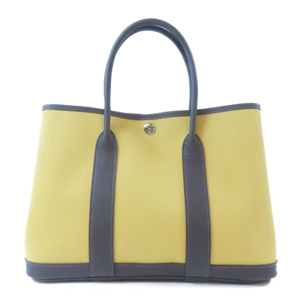 HERMES PHW Garden Party TPM Tote Bag Handbag Canvas Paille Ebene Yellow Brown