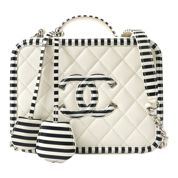 CHANEL Quilted CC SHW Vanity Case 2 Way Shoulder Bag Caviar Leather White Black